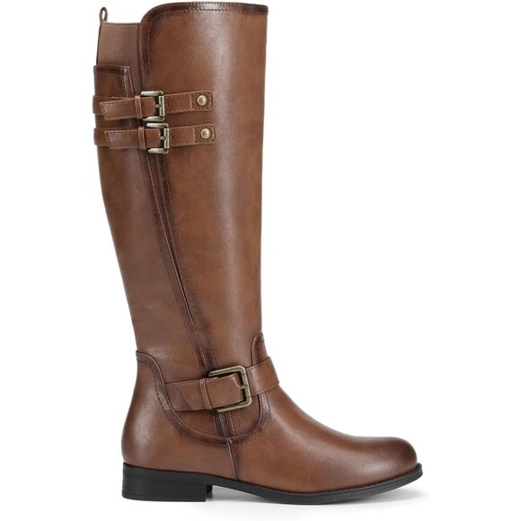 Women's Faux Leather Tan Knee High Buckle Chunky Heel Flat Riding Pirate Boots - Picture 2 of 7